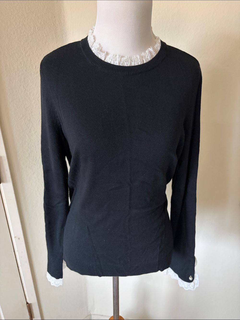 CeCe Black Long-Sleeve Knit Top with White Lace Trim